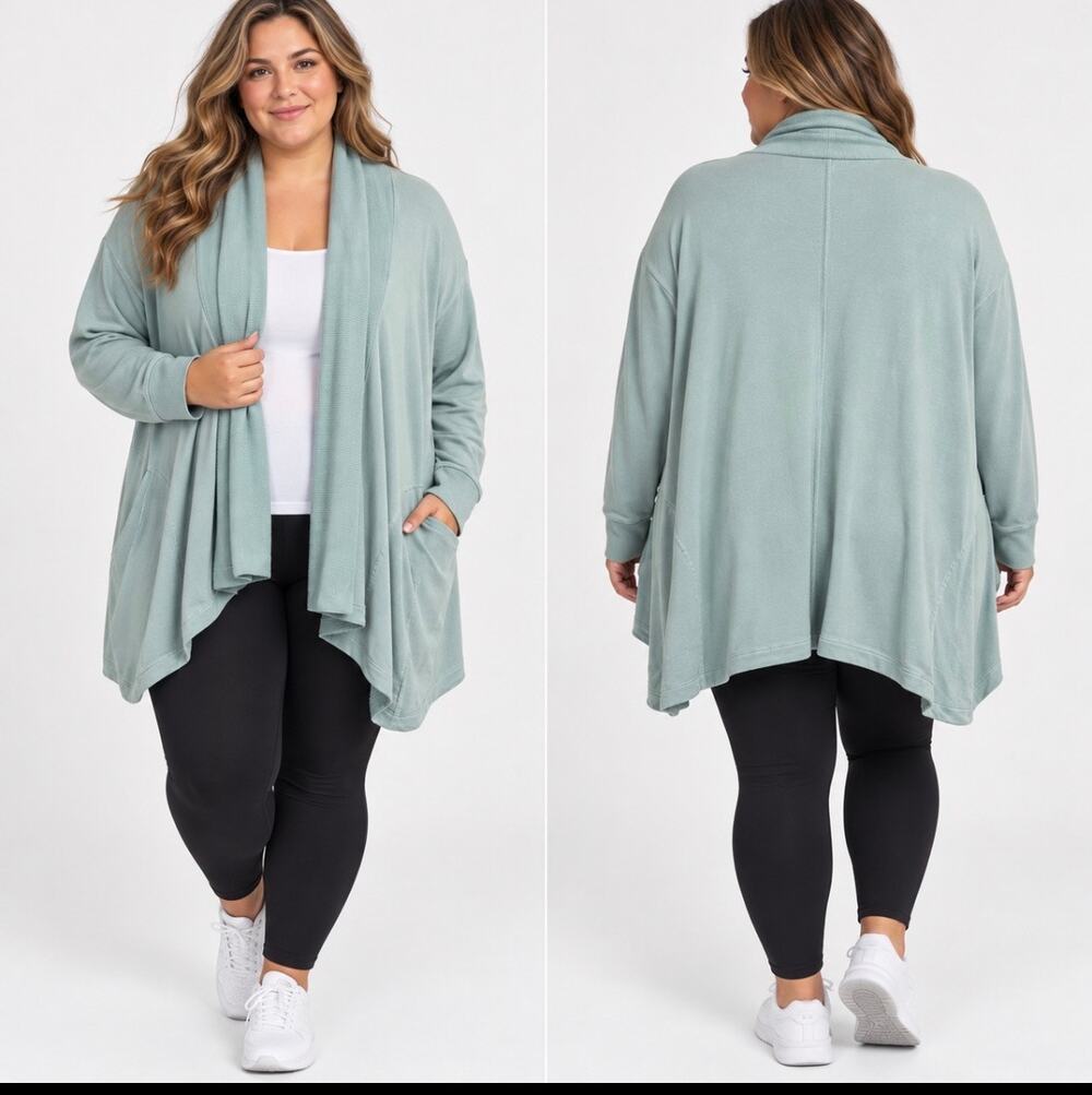 Athleta Pranayama II Wrap Cardigan 1X Sage Green Modal Open Front Thumbholes